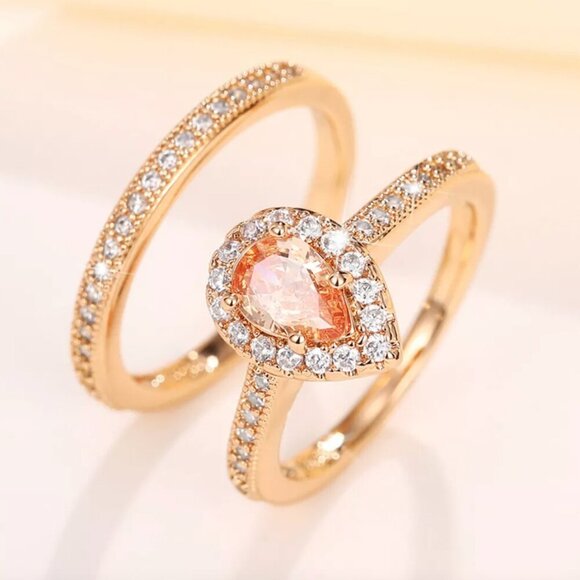 NEW 18k Gold Champagne Diamond Ring Pear Cut Teardrop Ring Set of 2 Rings - Picture 6 of 7